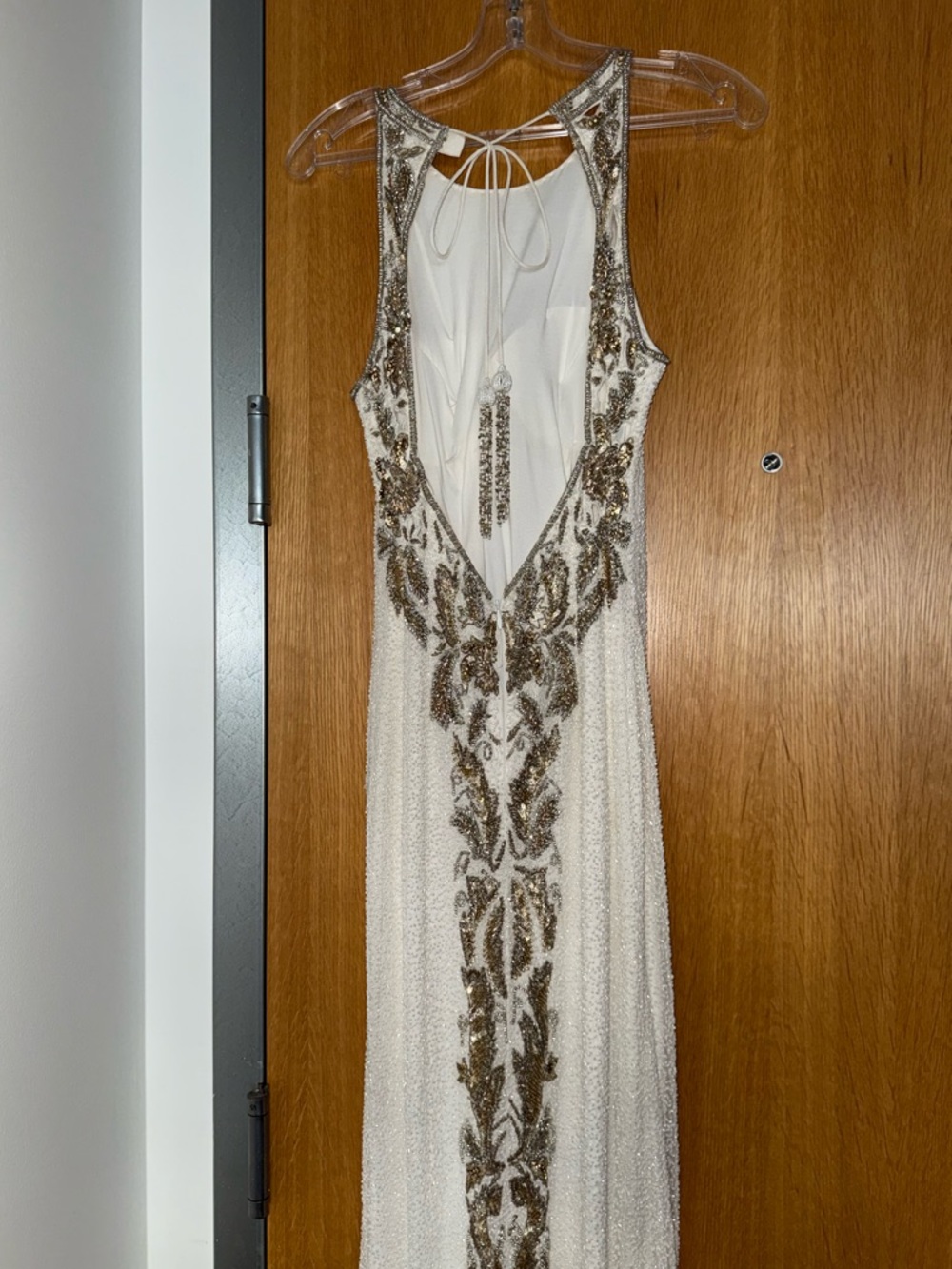 Sherri Hill NWOT White Fully Beaded Gown with Gold Accents